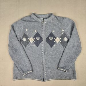 Snowflake Winter Christmas Sweater Womens Size Large Blue Full Zip Cardigan Silk